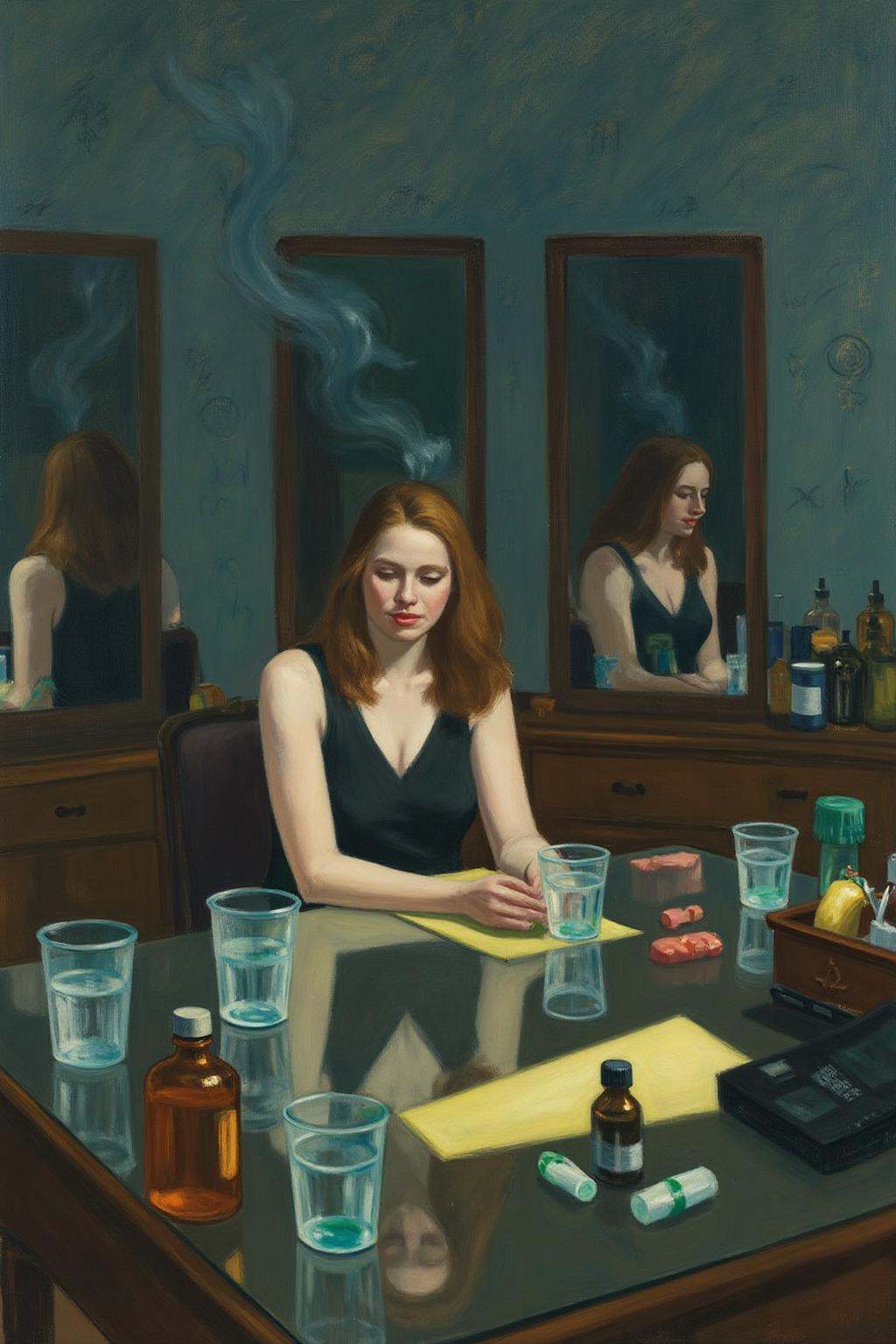 edwardhopper1 painting. a woman seated at a cluttered table,  surrounded by mirrored reflections of herself. The scene is...
