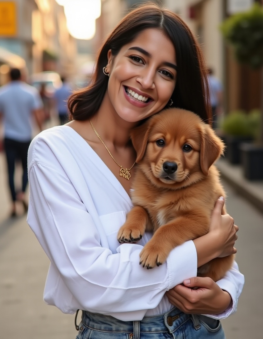 An intimate outdoor portrait capturing a young woman joubertjvdw ,  smiling while holding a fluffy brown dog in her arms....