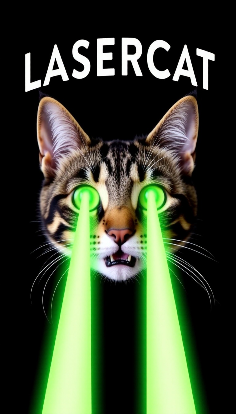 LASERCAT,  LASER CAT WITH GREEN PARALLEL LASER BEAMS COMING FROM ITS EYES,  TEXT ON TOP THAT SAYS "LASERCAT" on Tensor.Art