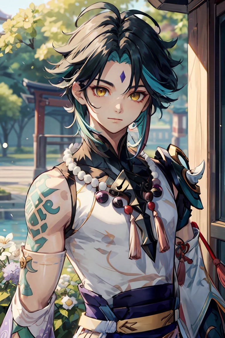 <lora:xiao:0.8>,xiao (genshin impact),1boy,solo,male focus,arm tattoo,(tassel),yellow eyes,(diamond purple solid mark),forehead mark,multicolored hair,black hair,green hair,closed mouth,ahoge,green gloves,bangs,asymmetrical clothes,outdoors,looking at viewer,white flower,tree,upper_body,(bead_necklace:0.7),