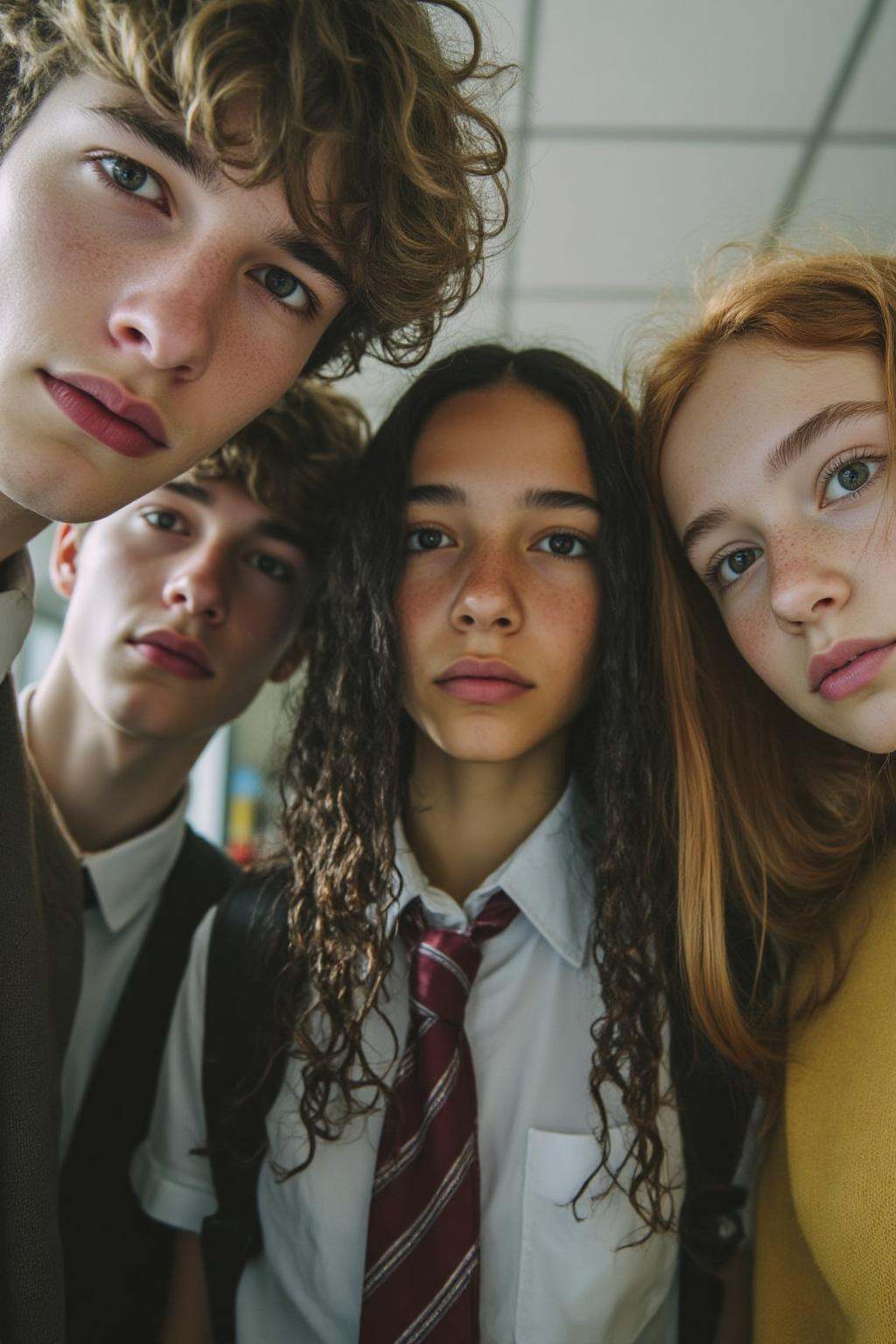 midjourney analog photograph.A low angle shot of three British boys and two girls. They are dressed in formal school attir...