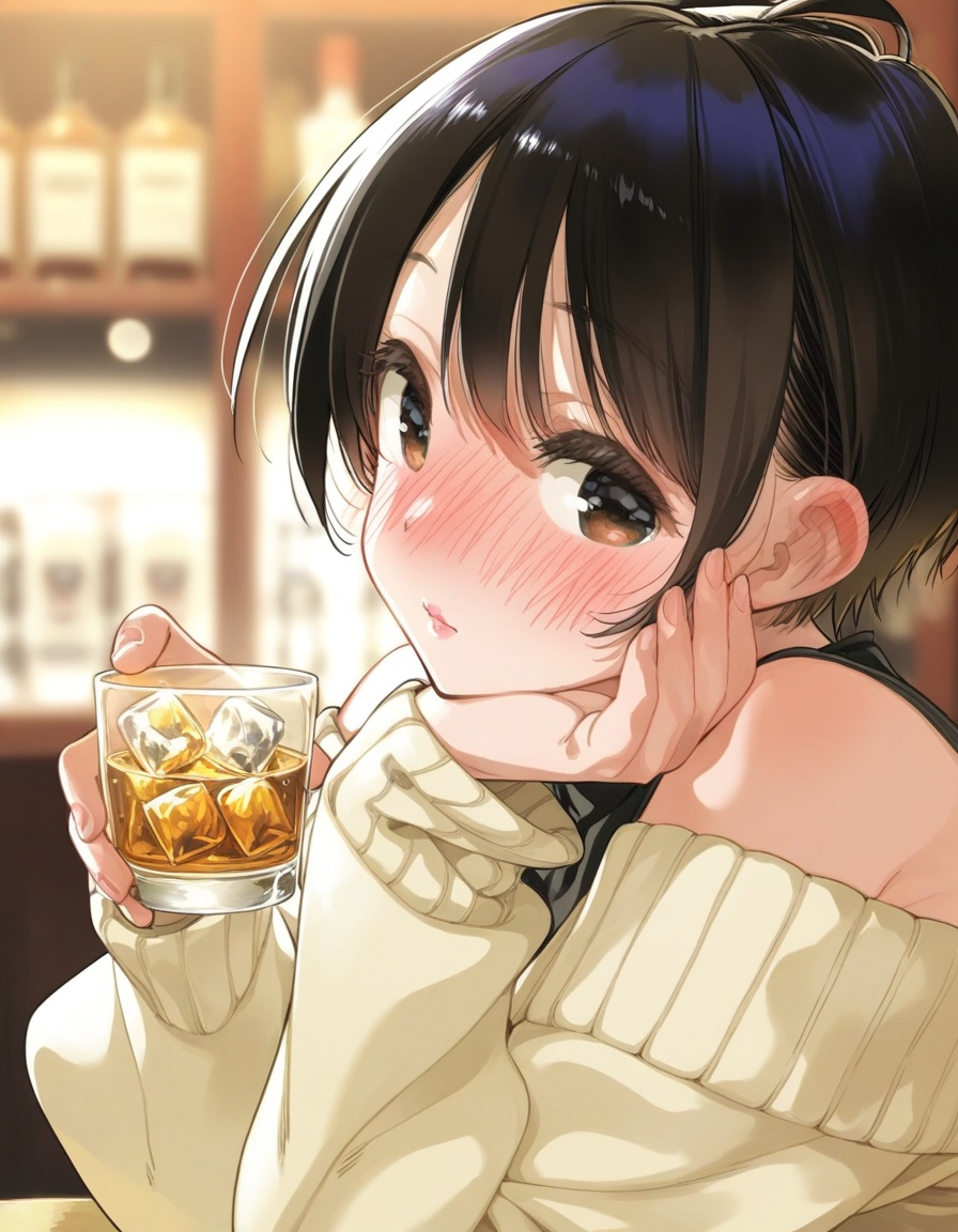 miyajima_reiji_style1girl close-up blush sweater bare_shoulders head_rest short_hair blush lips cup liquor ice_cube holdin...