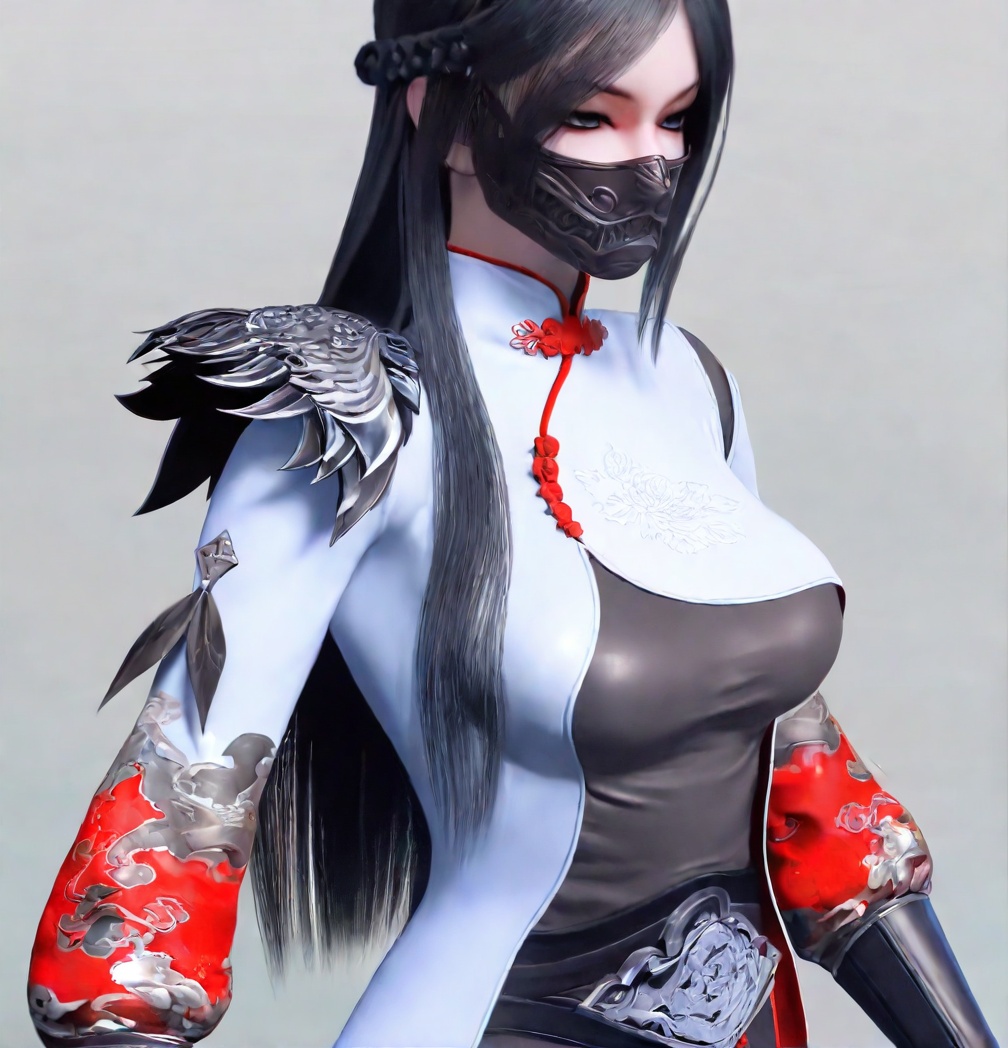 solo,highly detailed,(best quality),((masterpiece)),1girl,a7,simple background,upper body,<lora:a7nbXL:1>,black hair,long hair,mouth mask,chinese clothes,armor,china dress,standing,