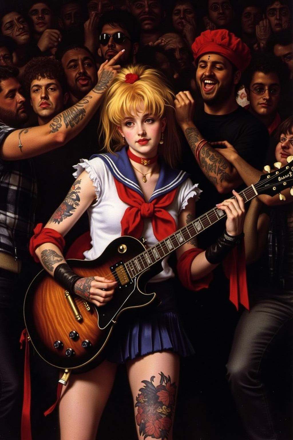 jati1 paintingpunk sailor moon playing a guitar at a heavy metal mosh pit,  tattoos,  piercing. on Tensor.Art