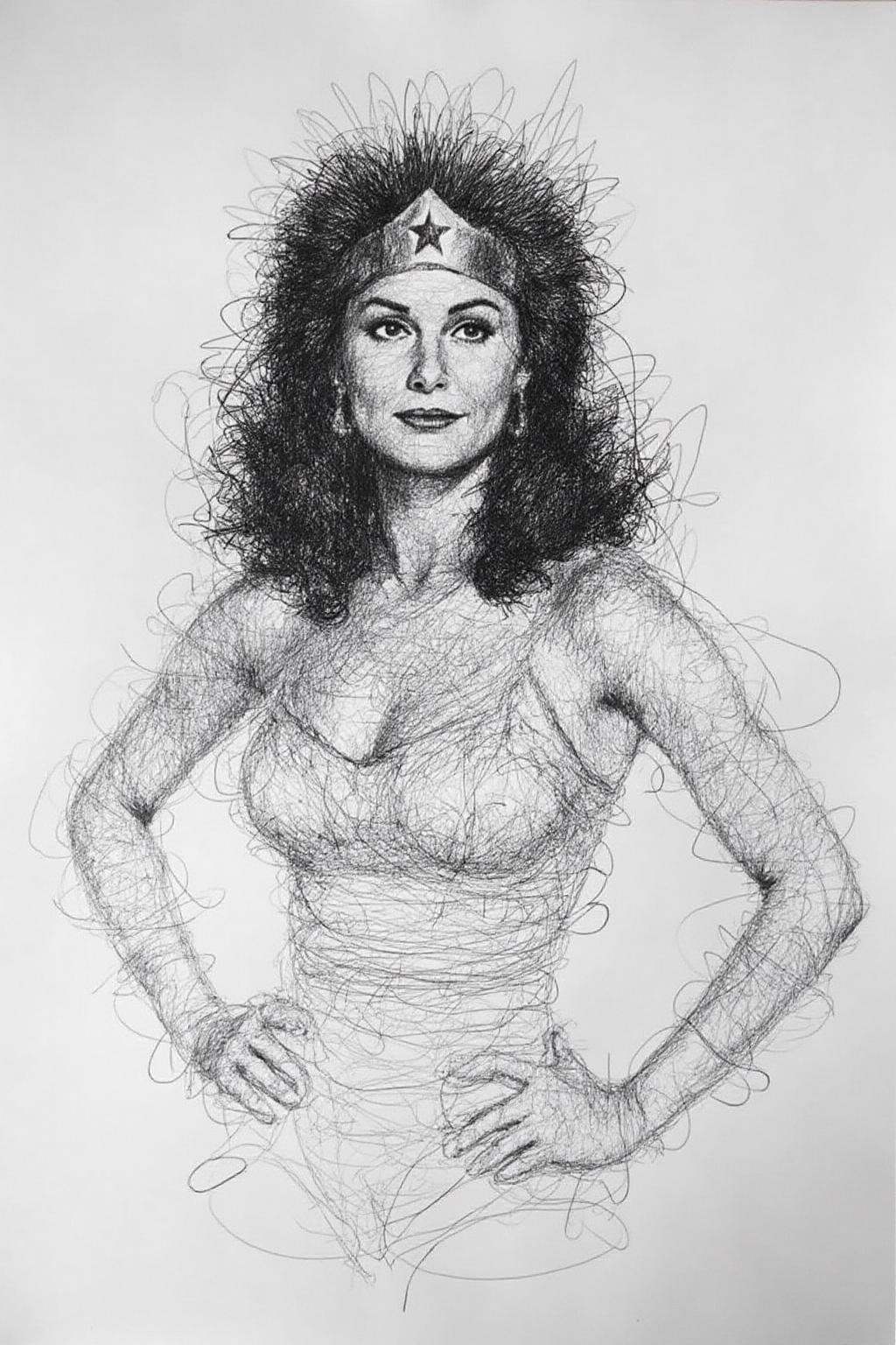 Drawing on grey paper,  depicting Actress Linda Carter as Wonder Woman. on Tensor.Art