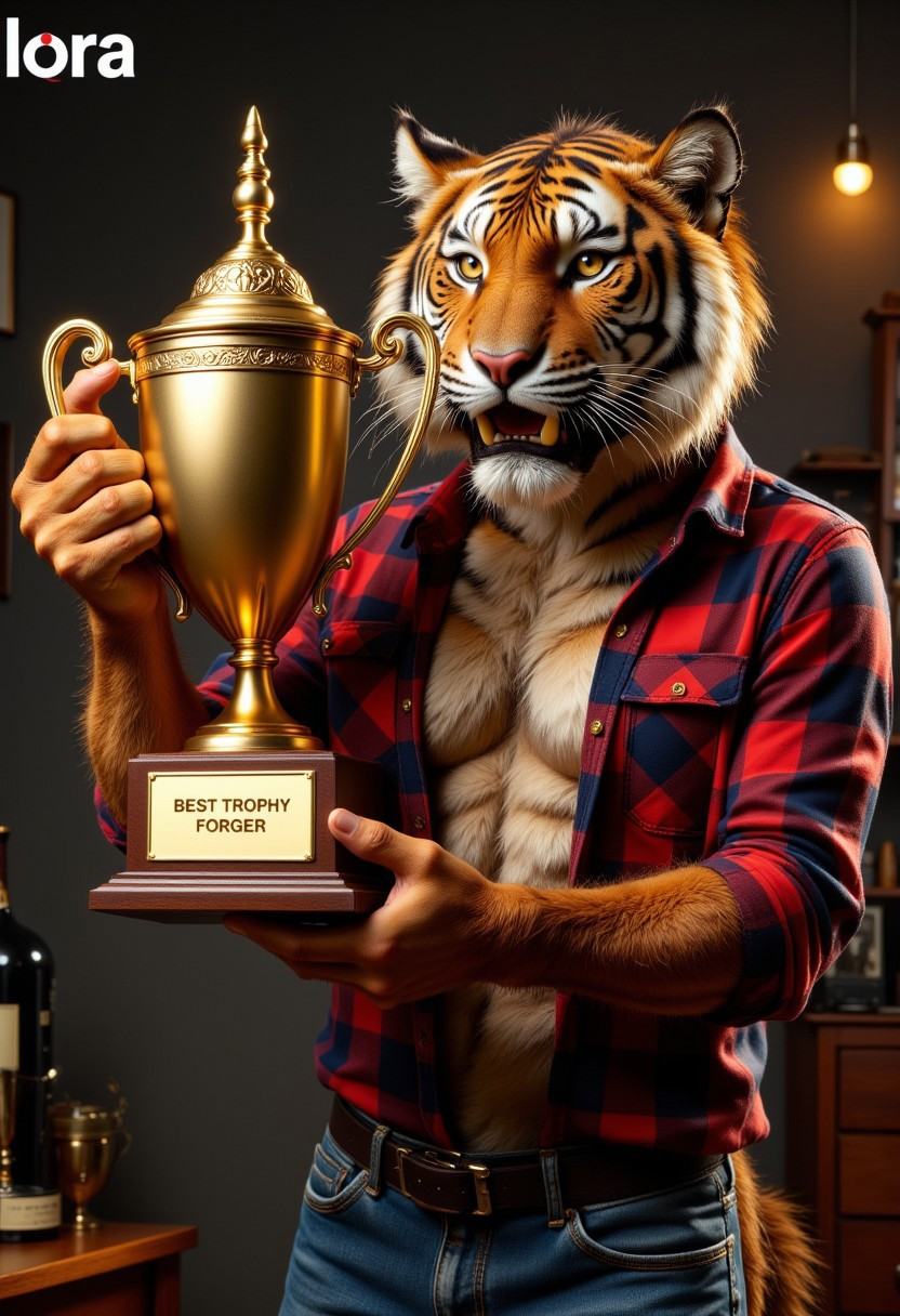 The image is a photograph featuring an anthropomorphic tiger man wearing plaid and jeans holding a golden trophy with name...