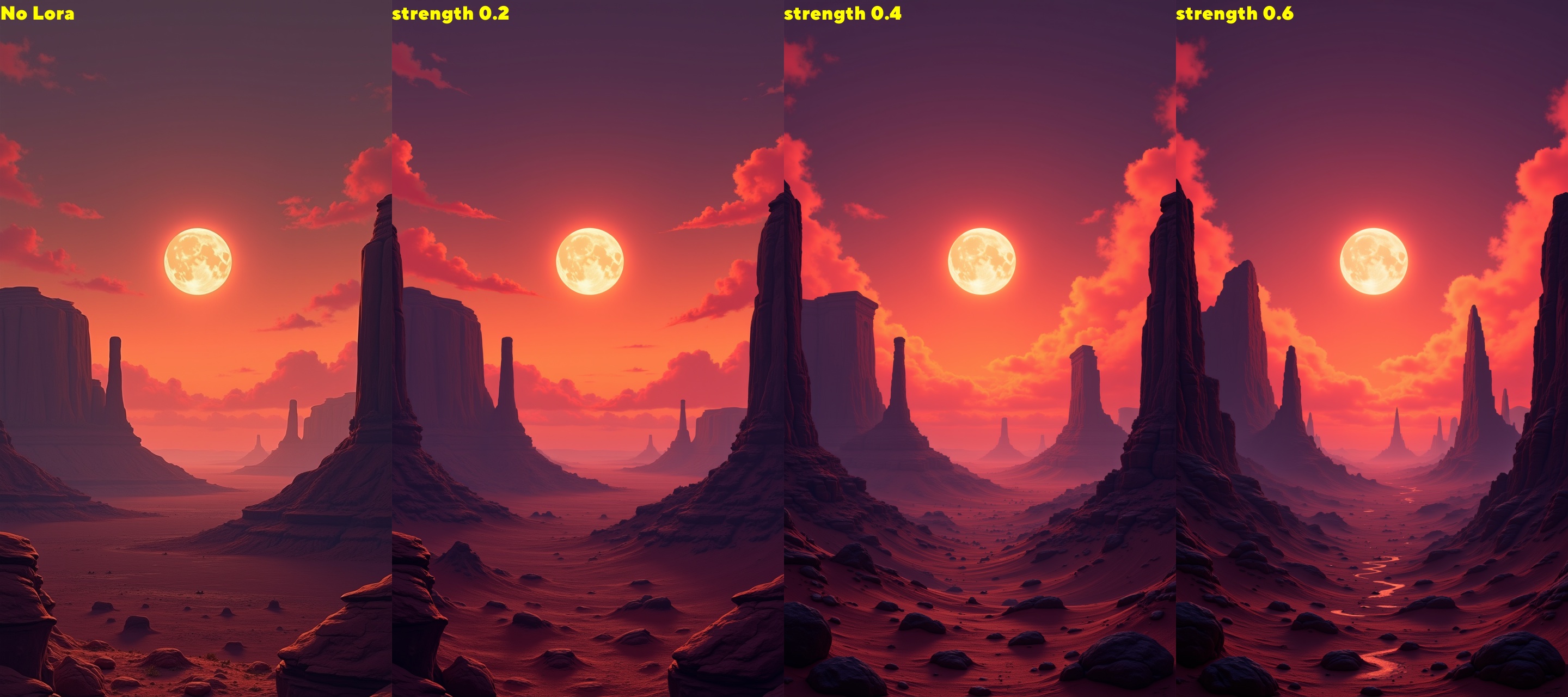 In the midst of a vast desert,  the sky is painted in shades of orange and red. The sky is a deep shade of purple,  and th...