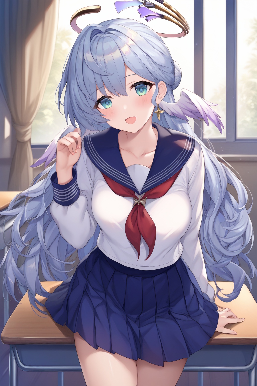 score_9,score_8_up,score_7_up,score_6_up,score_5_up,score_4_up,source_anime,source_cartoon,<lora:robinTUPONYXL-000008:1>,robin \(honkai: star rail\),1girl,solo,skirt,breasts,halo,school uniform,long hair,serafuku,sailor collar,looking at viewer,pleated skirt,smile,earrings,long sleeves,blue sailor collar,white shirt,open mouth,blue skirt,shirt,jewelry,neckerchief,desk,grey hair,hair bun,blush,red neckerchief,cross earrings,thighs,head wings,cross,indoors,cowboy shot,classroom,hair intakes,window,school desk,green eyes,head tilt,collarbone,hand up,