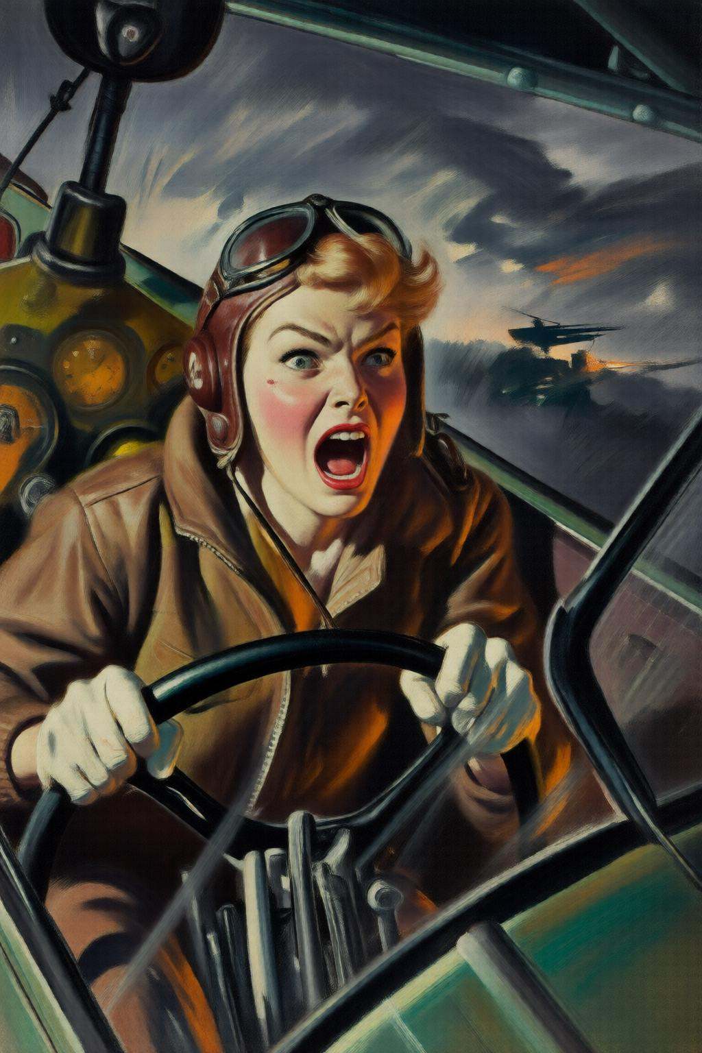 walterbaumhofer2q illustration. A female pilot screaming inside the cockpit of a World War II bomber. The pilot,  wearing...