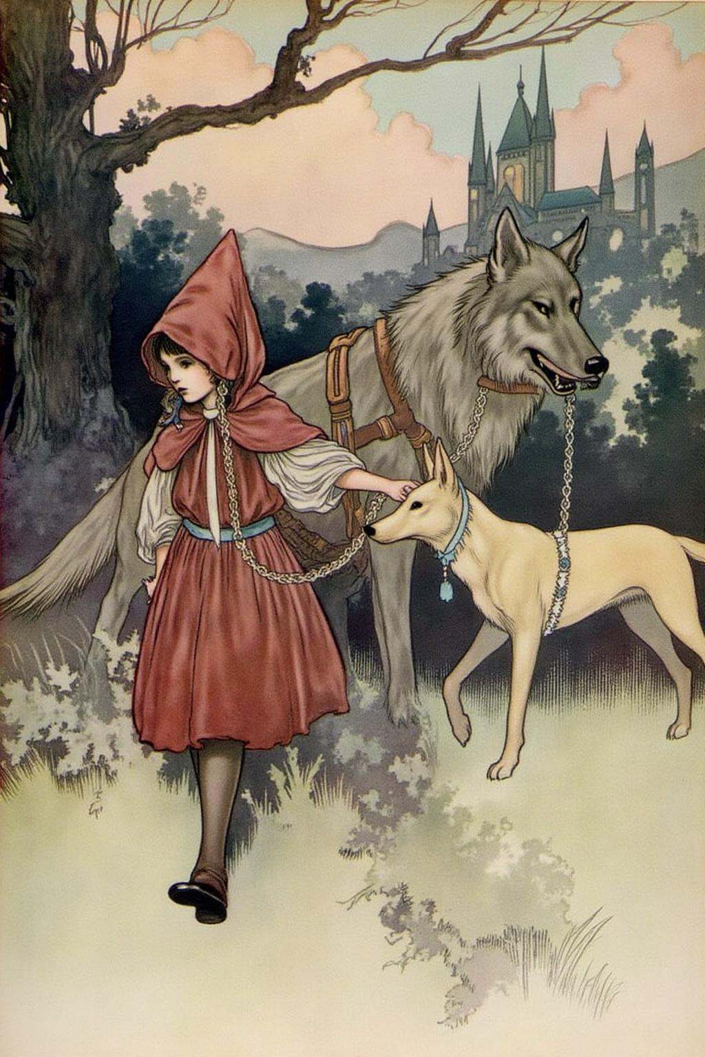 charob1 illustration.Little Red Ridding Hood walkign along side the Big Bad Wolf. on Tensor.Art