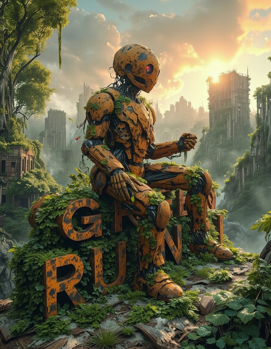 Rusty futuritic robot in a forest sitting on top of 3d text which says " GREEN RUINJI",  cityruins in backgound,  materpie...