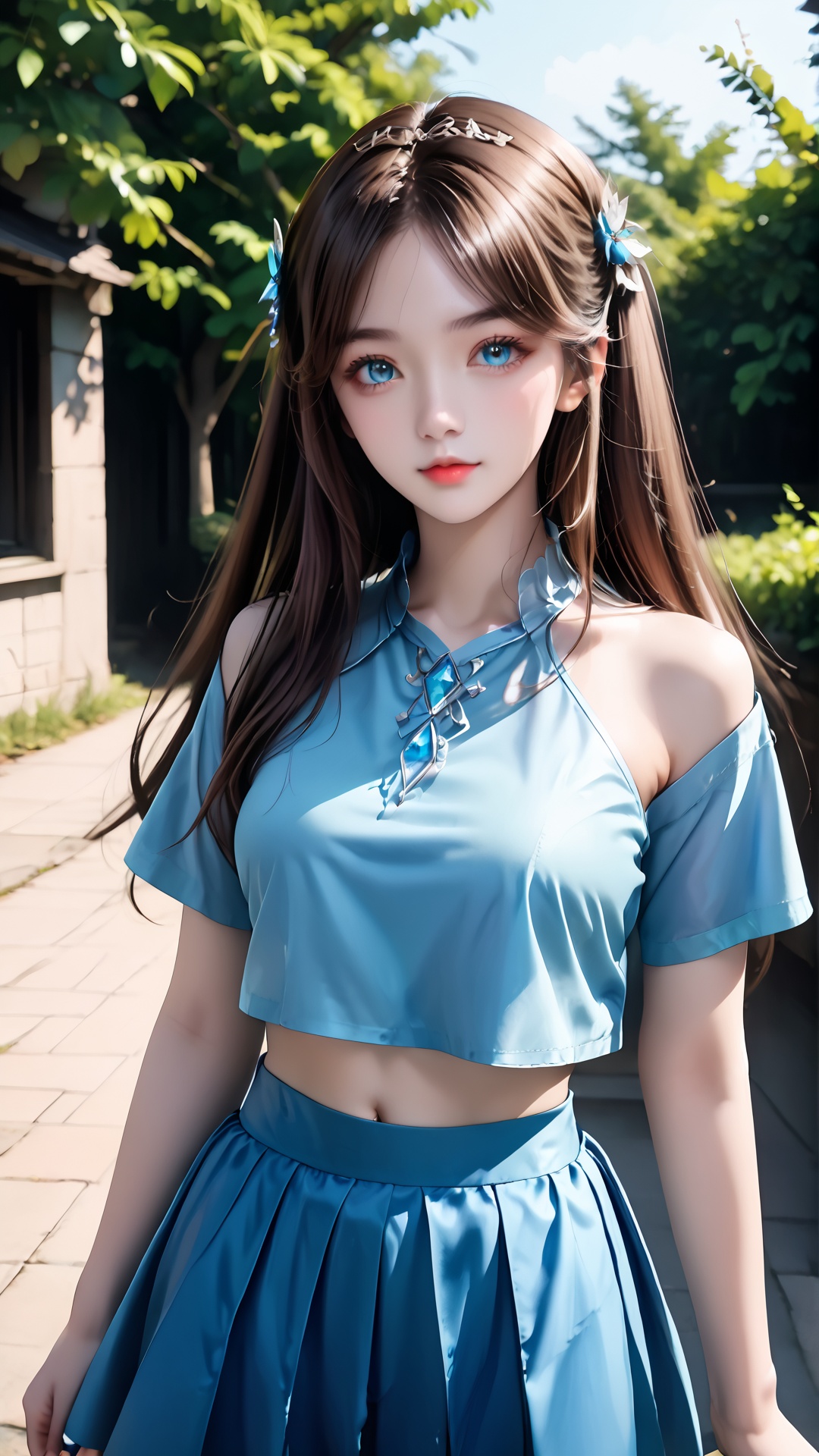 1girl, solo, long hair, brown hair, navel, blue eyes, midriff, skirt, upper body, hair ornament, blue shirt, looking at viewer, crop top, shirt, blue skirt, outdoors,<lora:pony宁荣荣-000008:0.8>,