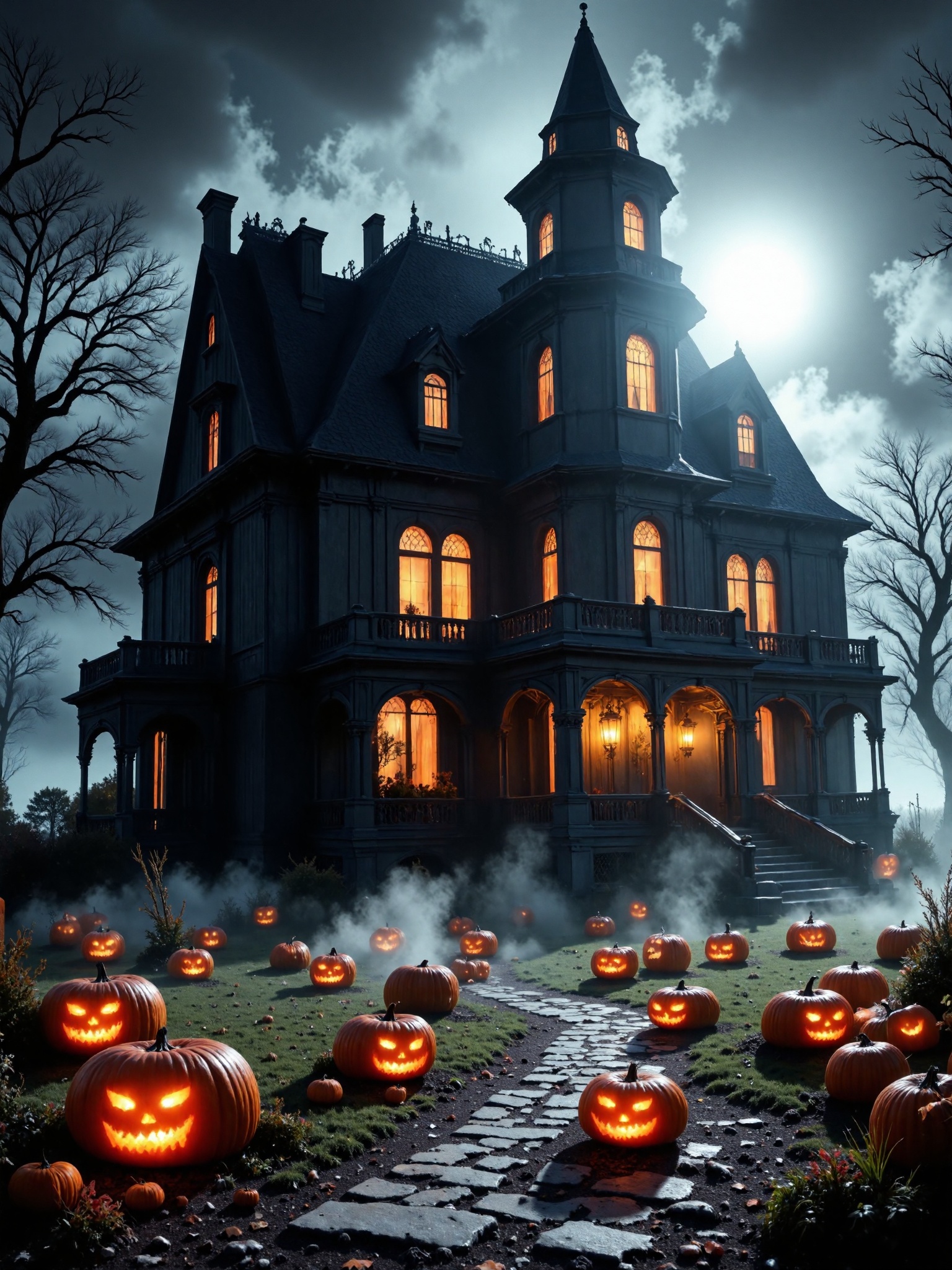 hallomist,  Real photography of a gothic manor in a misty moonless night.Jack'o lanterns,  dead trees on Tensor.Art