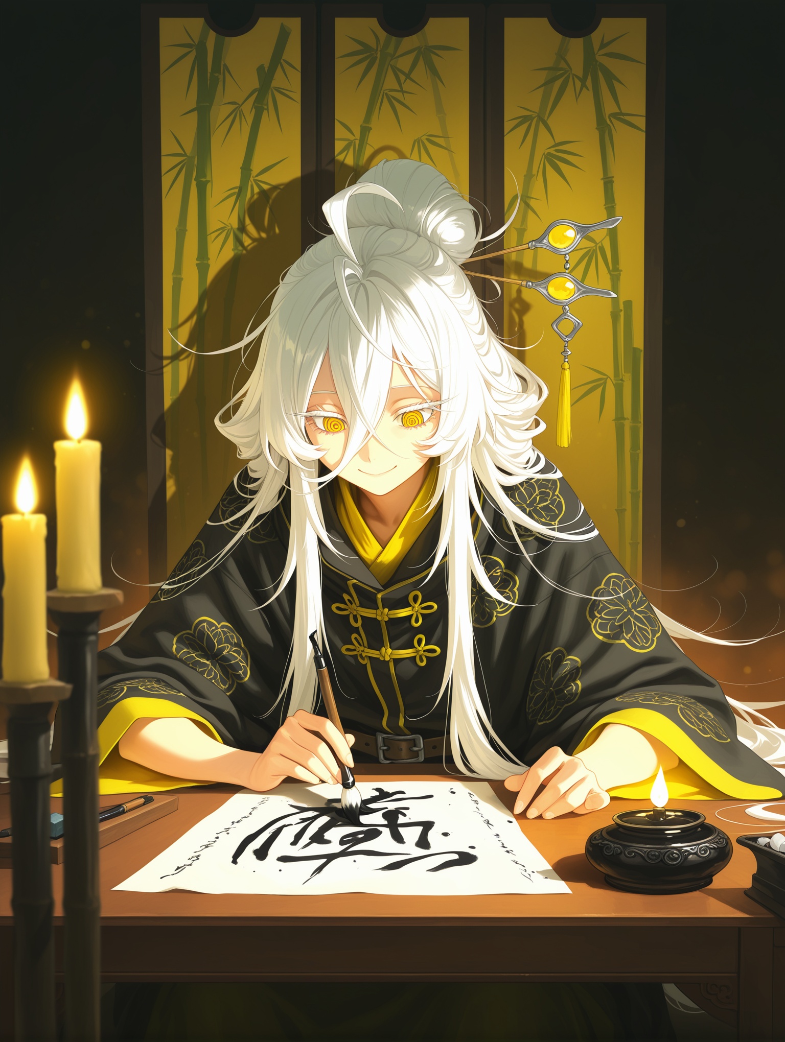 1girl,solo, white hair,very long hair,disheveled hair,messy hair,ahoge,hair between eyes,very long bangs,long sidelocks,long eyelashes,white eyelashes,yellow eyes,ringed eyes,dark silk robe,hair tied with jade hairpin,no crown,plain belt,loose collar,calm,gentle,eyes on paper,smile,sitting at desk,holding brush,writing,grinding ink,leaning close,palace study,bamboo slips,ink stone,calligraphy brush,brush holder,incense burner,folding screen with flower pattern,chinese clothes, candle light,warm yellow tones,soft glow,shallow depth of field,intimate atmosphere\nclose-up,side view,focus on hands and interaction,warm tones,traditional ink painting elements, shadow,movie perspective,masterpiece,best quality,