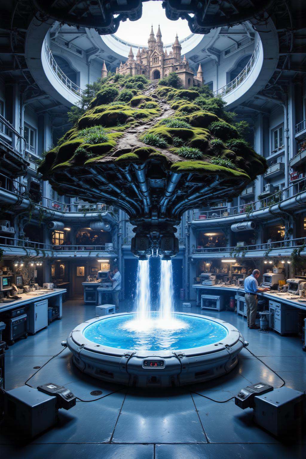 At the bottom of the screen is a Futuristic laboratory with advanced technology and rocket thrusters. Photoshopped into th...