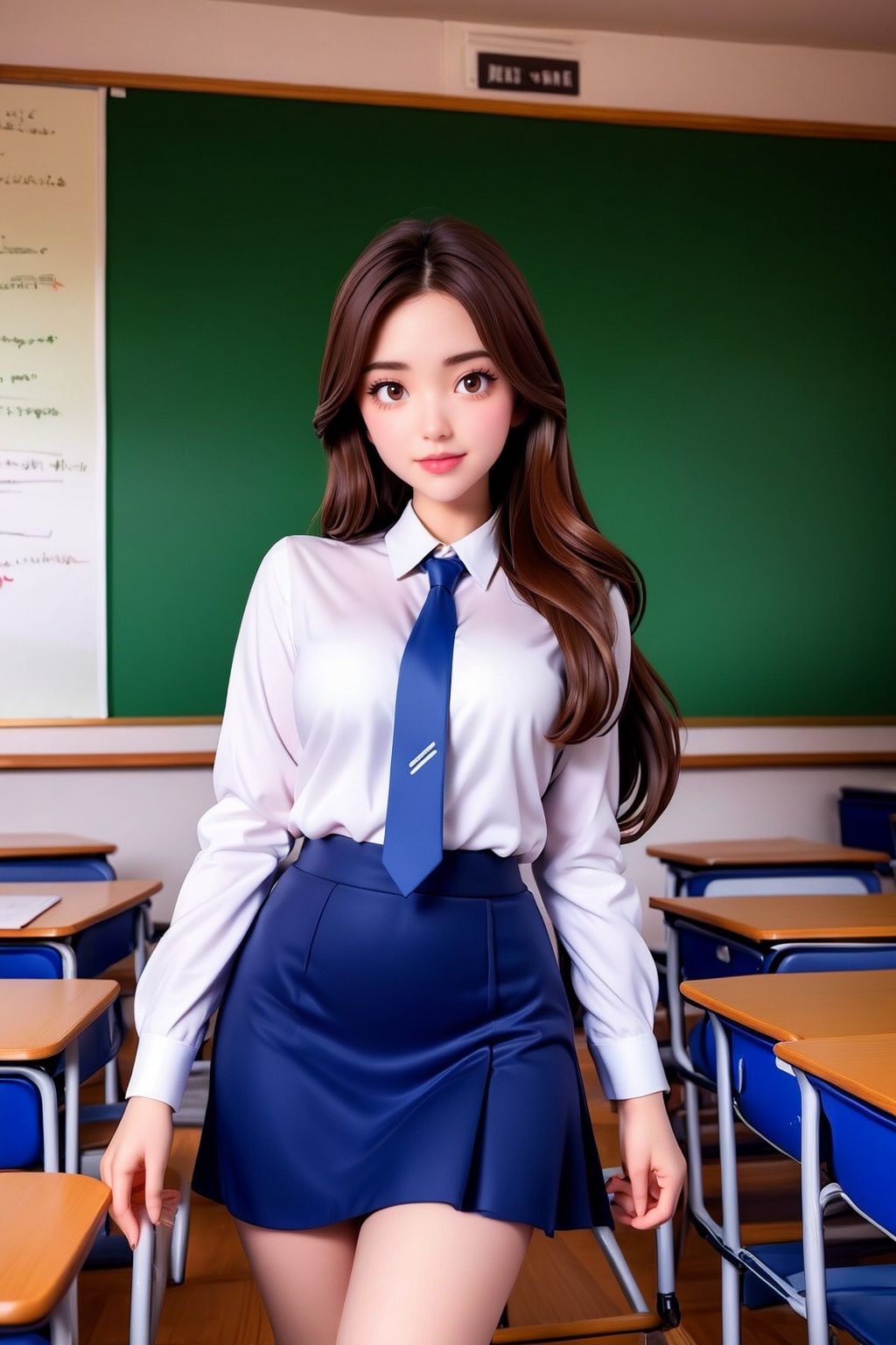 1girl, solo, necktie, white skirt, blue necktie, skirt, long hair, chalkboard, looking at viewer, realistic, classroom, brown eyes, desk, shirt, brown hair, indoors