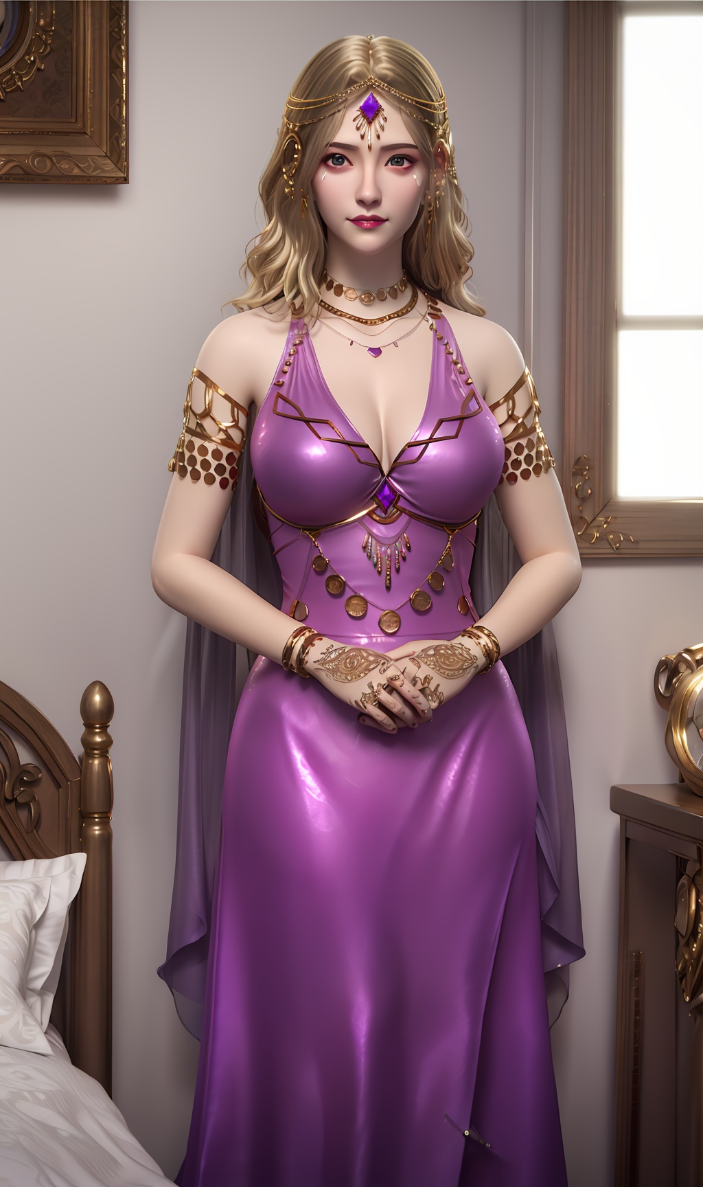 3D,masterpiece,(best quality),(makeup),official art, extremely detailed cg 8k wallpaper,((crystalstexture skin)), (extremely delicate and beautiful),(highly detailed),(face),(tiara),(gold_trim),(bracelet),(1girl), (solo), (jewelry), (earrings),(blonde_hair),(long_hair),(hair_ornament),(handwear),(breasts),(standing),((upper_body)),(closed_mouth),(long_dress),(long_skirt),(shiny_clothes),(city,indoor,bed),(thighs),,((looking_at_viewer)),((Facing the camera)),, <lora:hipoly3DModelLora_v10:0.3>