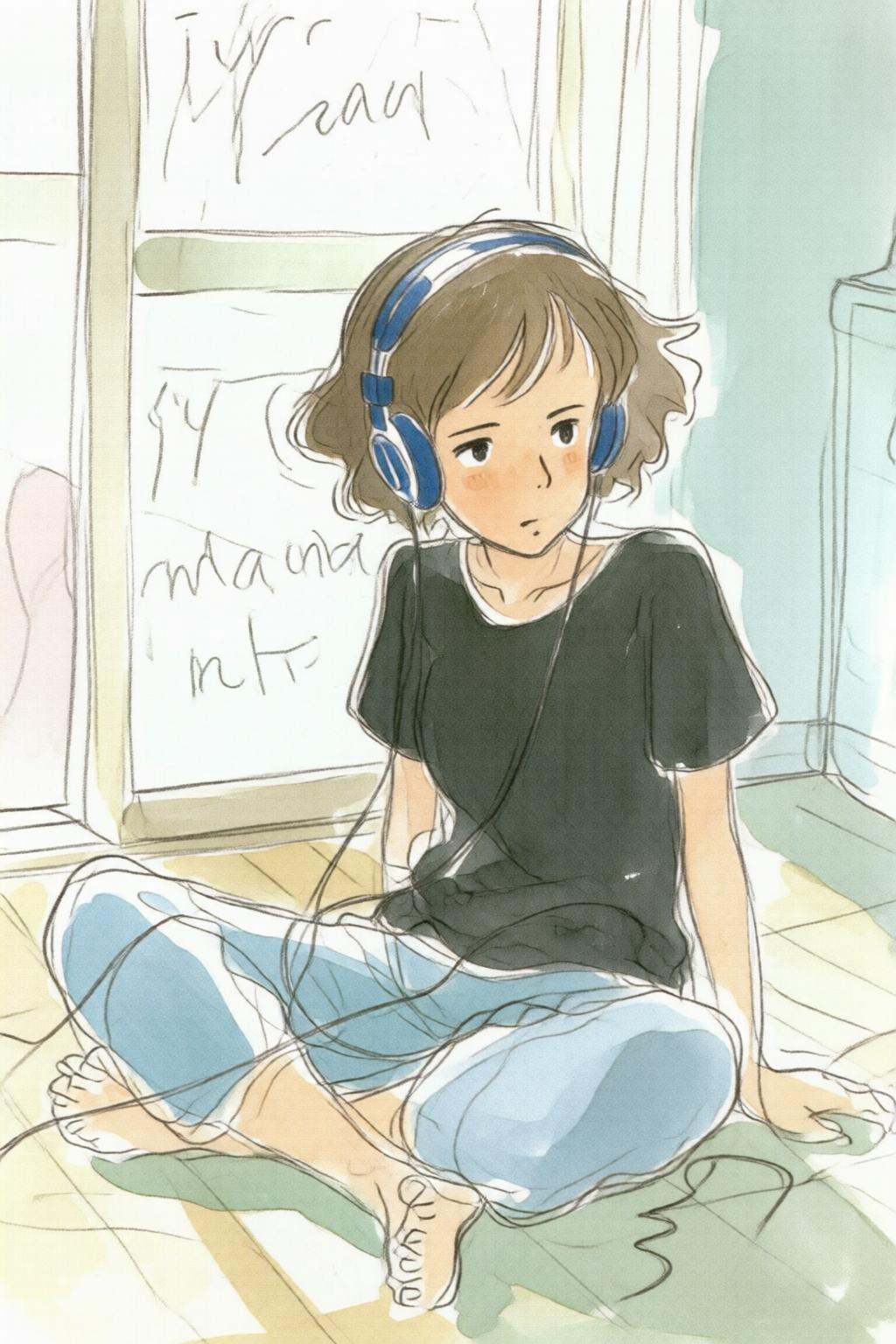 hayaomiyazaki3q illustration.A young woman sitting cross-legged on the floor,  wearing a dark sweatshirt and light blue pa...
