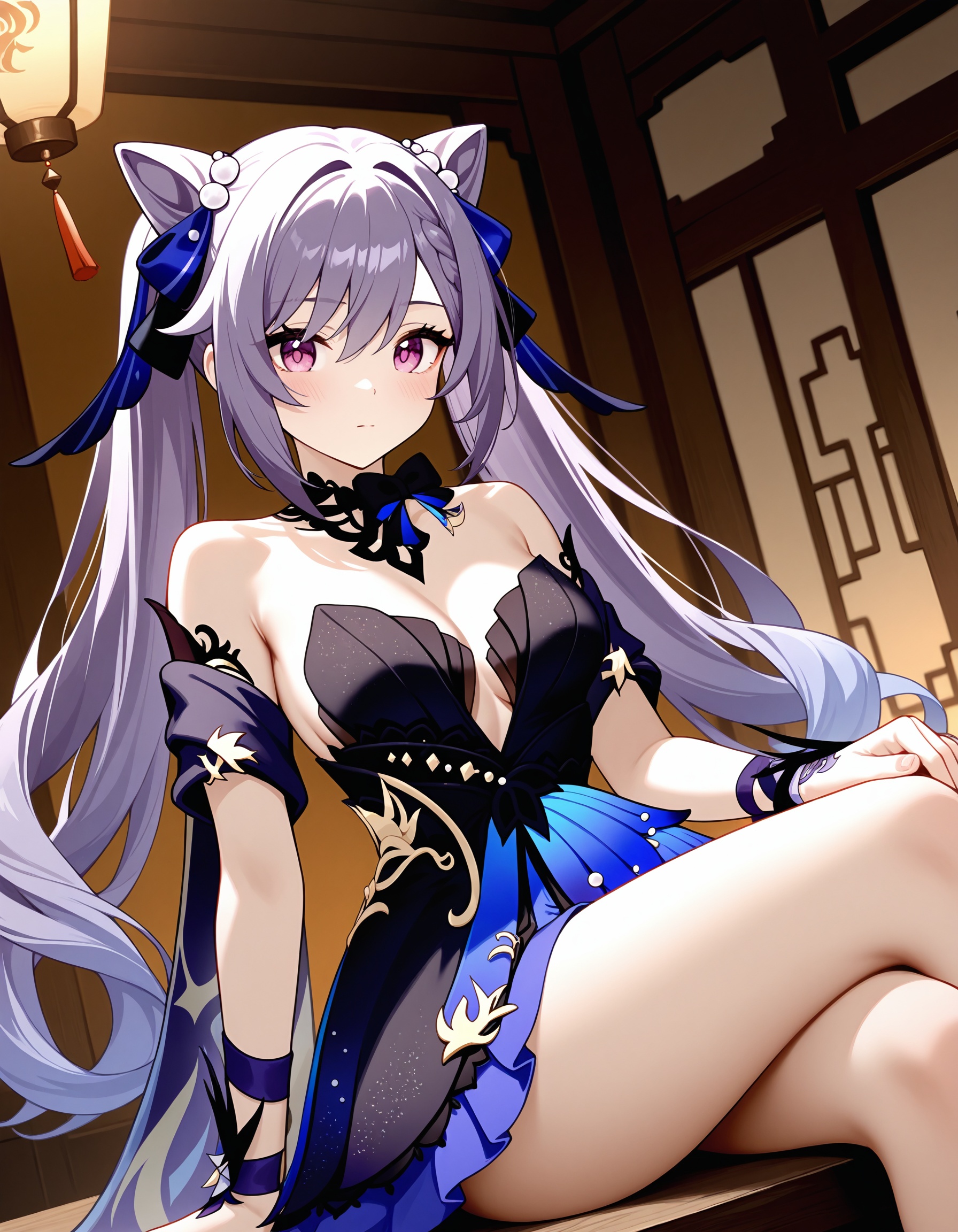 1girl, keqing \(genshin impact\), keqing \(opulent splendor\) \(genshin impact\), solo, sitting, looking at viewer, double bun, ribbon, closed mouth, breasts, official alternate costume