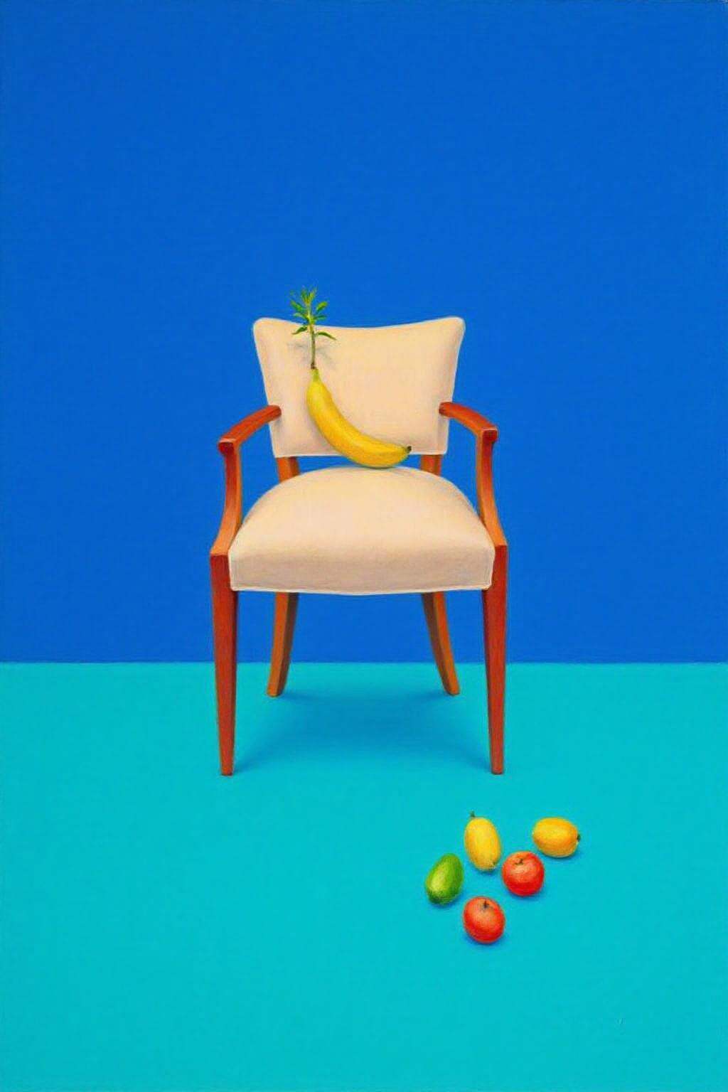 daho1 painting.A single chair set against a solid,  deep blue background. The chair,  positioned centrally in the composit...