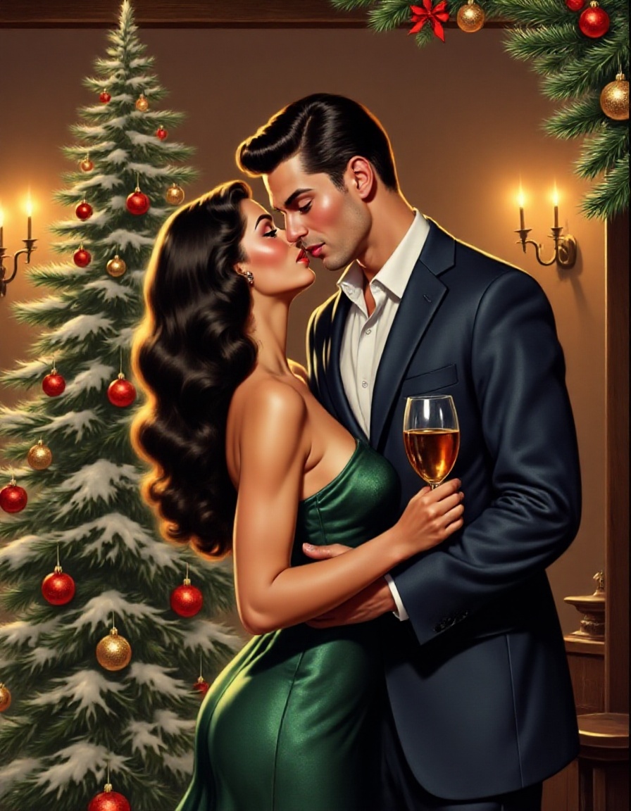 Romantic holiday moment: A statuesque beauty,  with raven hair cascading down her back,  locks lips with a charming gentle...