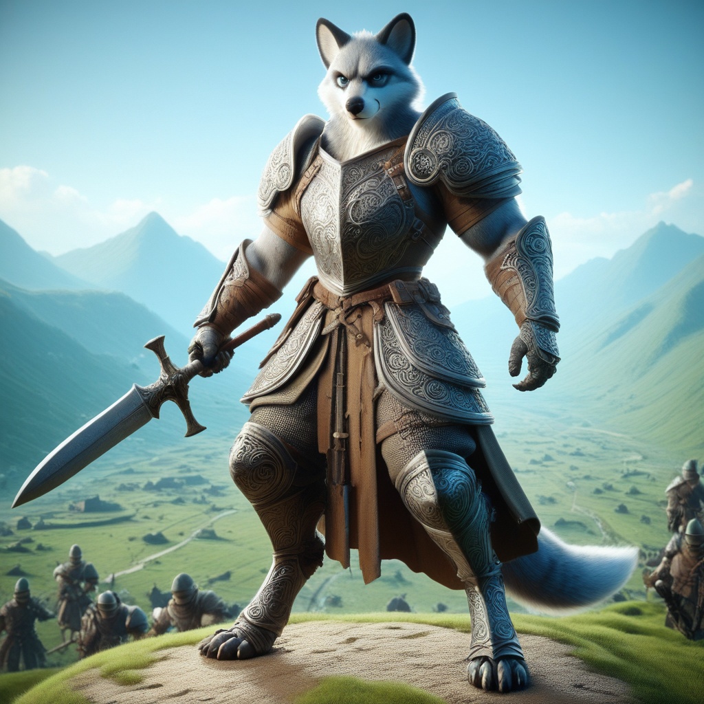 score_9, score_8_up, score_7_up,  a 3D furry character designed as a fantasy warrior. The character is tall, muscular, and equipped with detailed armor. Their fur is sleek and well-defined, with unique patterns or markings. The armor should reflect a medieval or fantasy aesthetic, including intricate engravings and a powerful weapon. The scene should depict the character in a dynamic battle-ready stance, surrounded by a dramatic landscape or battlefield environment."