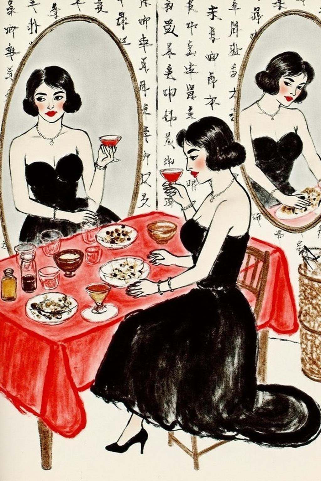 qbs1 ink wash painting.a woman wearing an elegant strapless black dresses,  seated at a cluttered red table,  surrounded b...