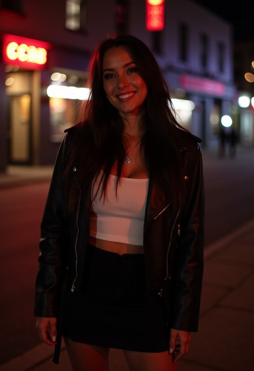 A woman with long raven hair smiles as she stands outside a nightclub wearing a black leather jacket over a white **** top...