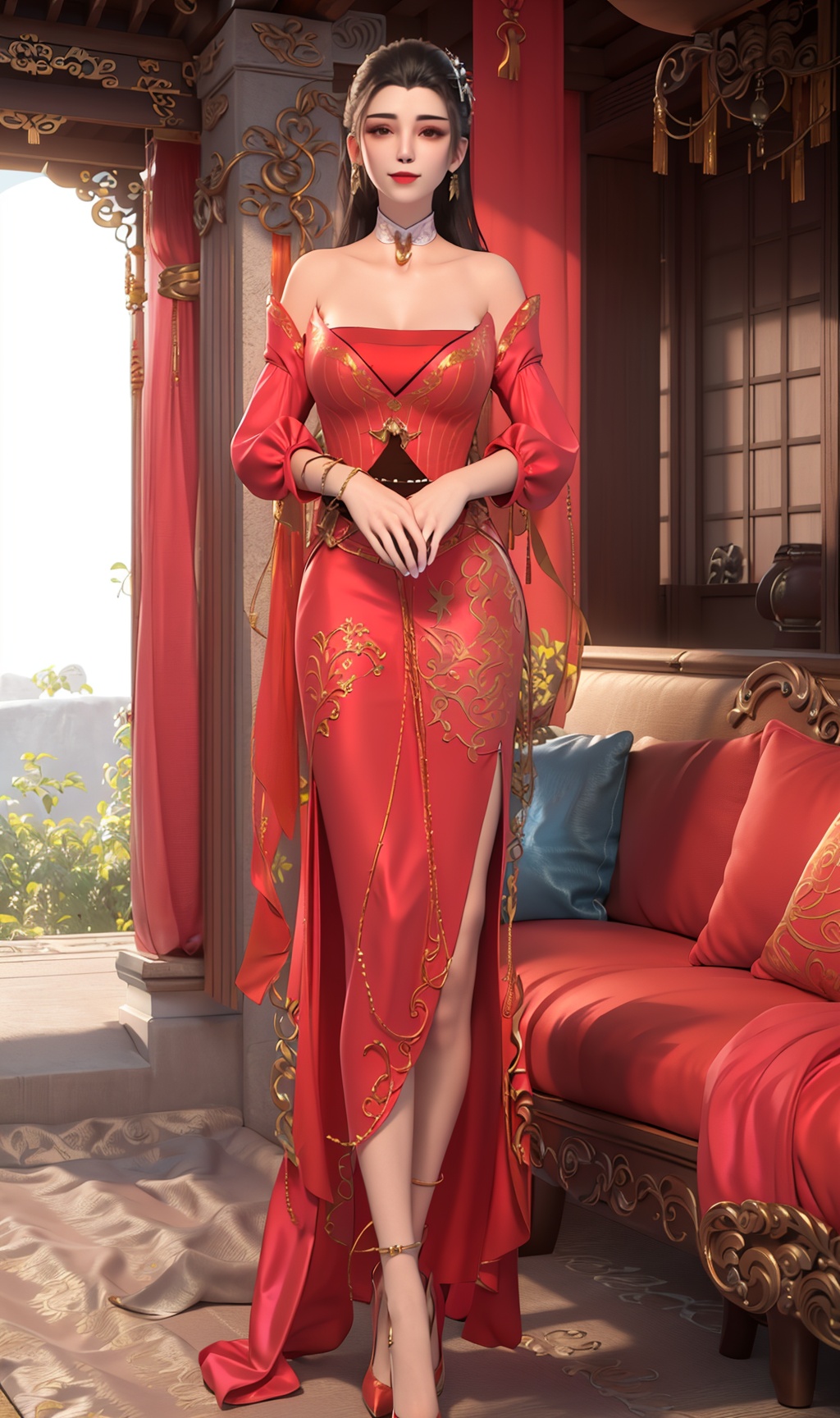 3D,masterpiece,(best quality),(makeup),official art, extremely detailed cg 8k wallpaper,((crystalstexture skin)), (extremely delicate and beautiful),(highly detailed),(1girl), (solo), (jewelry), (earrings),(long_hair),(hair),(hair_ornament),(handwear),(breasts),(standing),,(full_body,whole_body),((dress)),(multicolored_clothes),(multicolored_dress),,(collar),((chinese_clothes)),(adapted_costume),((closed_mouth)),(sleeved),,(long_dress),(long_skirt),(bare_shoulder:1.000),(sunshine, outdoor,sofa),((looking_at_viewer)),((Facing the camera)),(high_heels),(long_legs),, <lora:hipoly3DModelLora_v10:0.3>