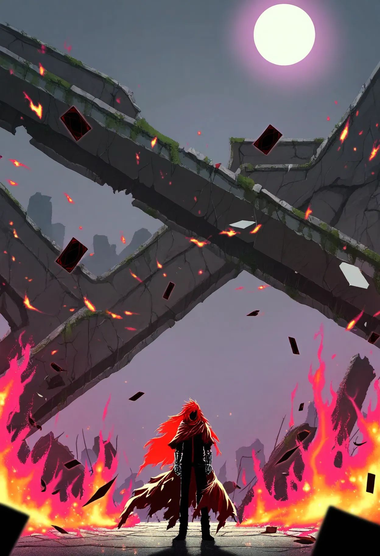 1boy, solo,hair: long red hair, flowing in wind, partially obscuring face,eyes: hidden by hair, but implied intense gaze,clothing: flowing tattered cloak, crimson and black, simple dark shirt underneath, leather gloves,setting: wide shot of sprawling ruins, fires burning intensely, night, full moon obscured by smoke, wind blowing debris, **scattered playing cards on ground**, **Joker card prominently visible**,pose: standing amidst scattered cards, arms slightly outstretched, as if gesturing to the chaos, mysterious aura,atmosphere: chaotic, uncertain, fateful, ominous, powerful, dramatic, sense of impending doom,quality: masterpiece, extremely aesthetic, epic scale, highly detailed ruins, dynamic composition, rim lighting from fires and moon, vibrant fire colors, vivid colors, saturated,artist style: by frank frazetta, by moebius (for lineart and detail), trending on artstation