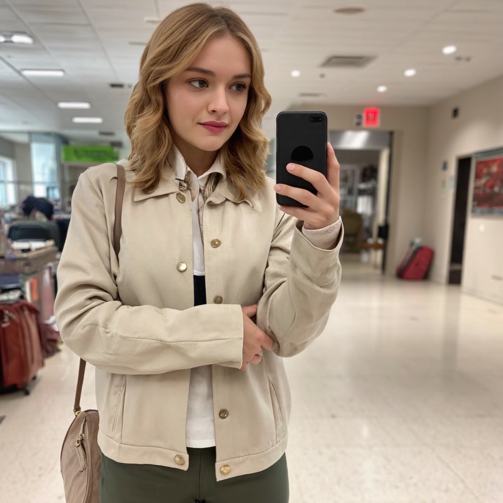 A candid shot of olivia_cooke taking a selfie in an airport terminal. She wears a light beige denim jacket with a buttoned...