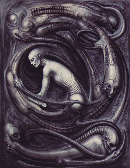 gigerart,  a piece of art by HR Giger. The artwork depicts a complex and intertwined composition of skeletal,  humanoid fi...