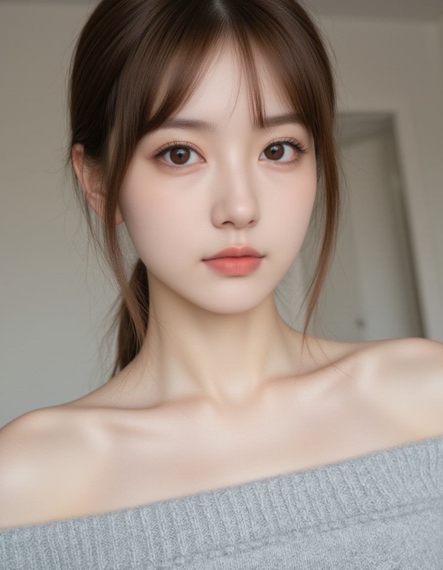 A young woman with fair skin and long,  straight brown hair styled in a loose ponytail with some strands framing her face....