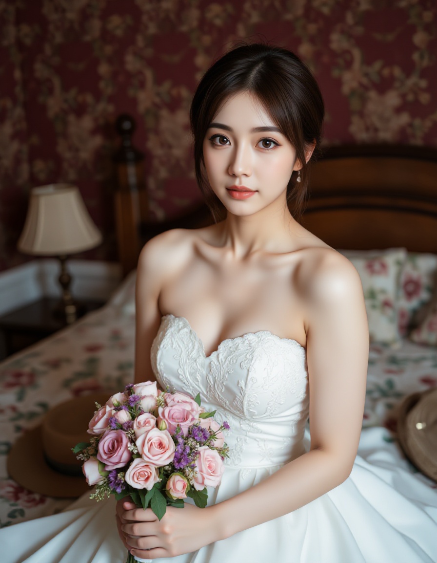 A high-quality photograph of a young asian woman with fair skin and delicate features,  wearing a strapless white wedding...