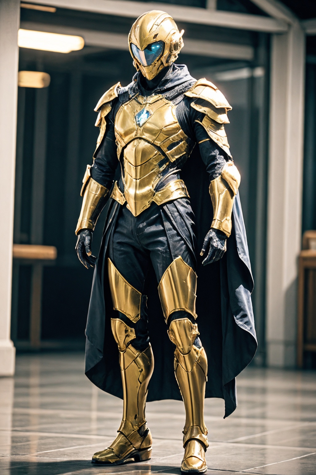 armor, helmet, standing, cape, full armor, full body, science fiction, blurry, boots, shoulder armor, blurry background, male focus,