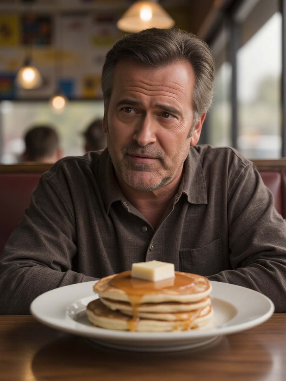 8ruc3c4mp83ll A middle aged man in a diner booth,  looking nervous as a plate of pancakes slowly levitates in front of him...
