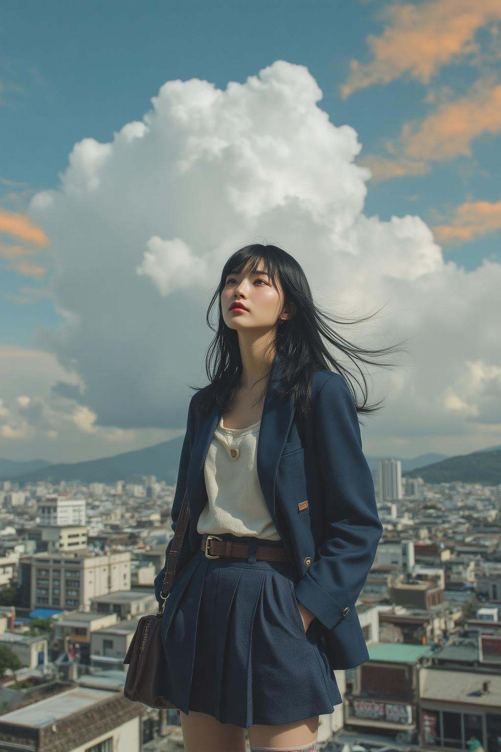 midjourney photograph.A low-angle view of a Japanese high school girl with long,  flowing black hair,  standing confidentl...