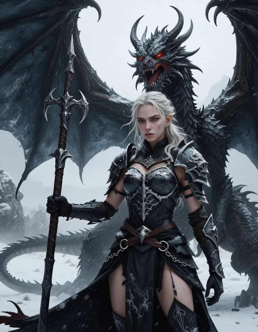An atmospheric and powerful dark fantasy image,  classical style painting of a beautiful evil female warrior dressed in in...