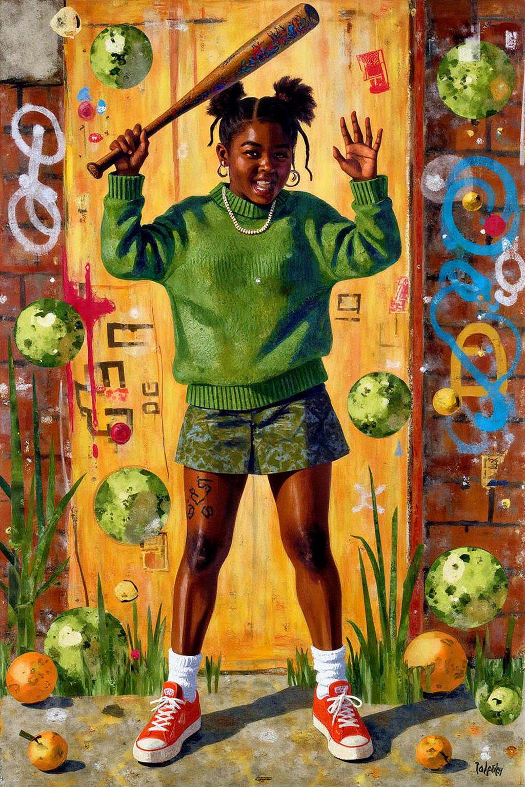 mixed media collage. full body,  liquid splash,  cartoonish juicy fruits chaos on Tensor.Art
