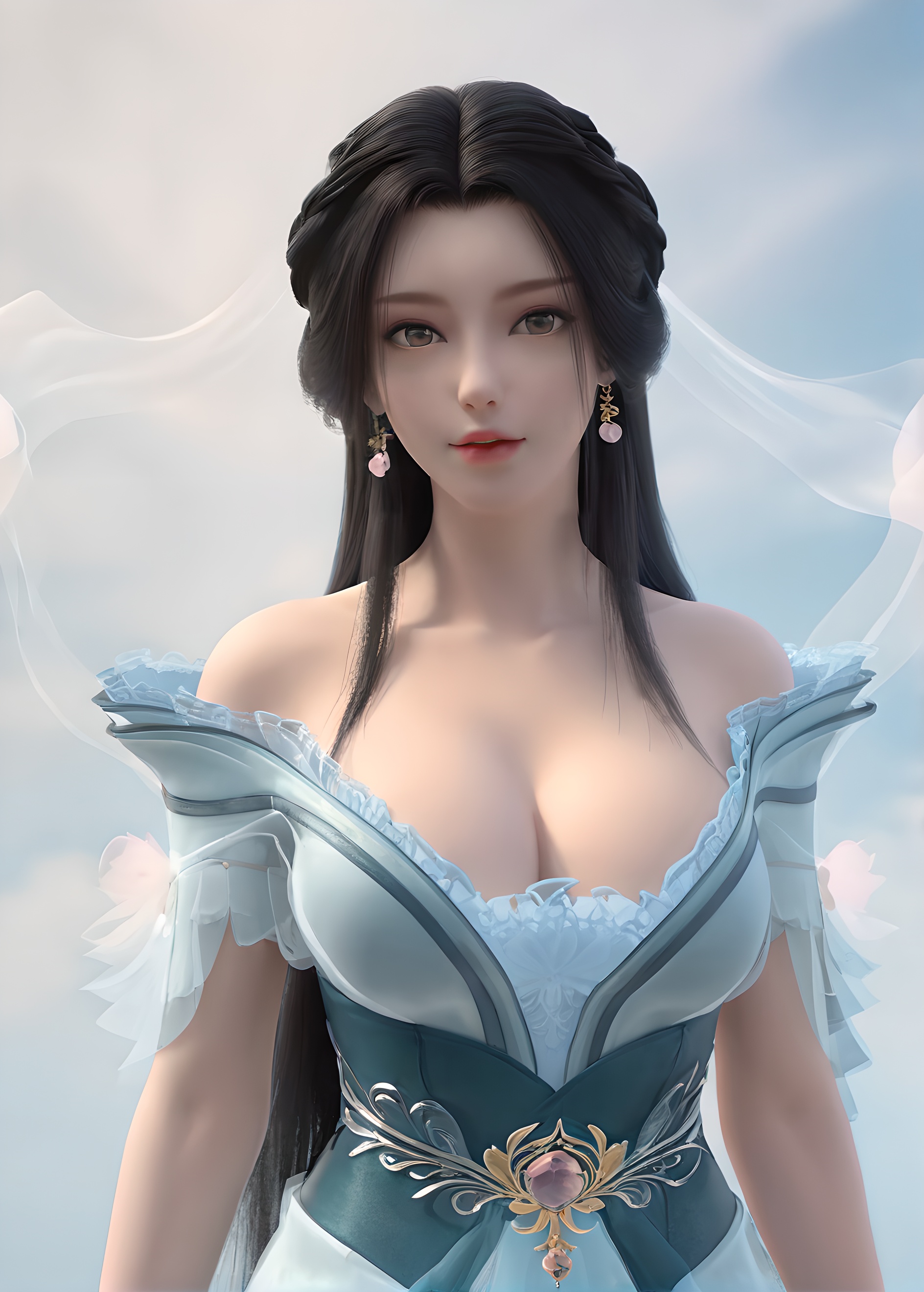 score_9,score_8_up,score_7_up,<lora:SF_JiangLi_Pony-000003:0.7>,incredibly absurdres,1girl,solo,standing,dress,breasts,large breasts,lips,jewelry,hair ornament,looking at viewer,white background,