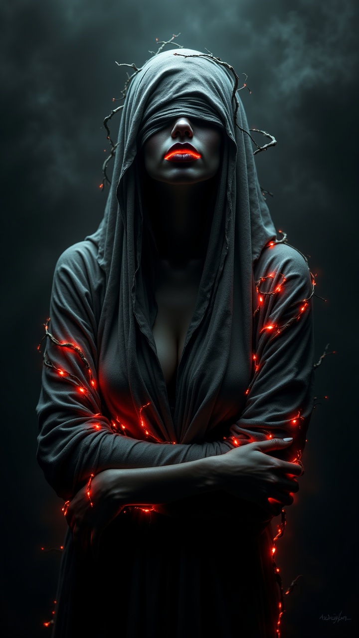 A haunting figure whose face is wrapped in Seductive,  tattered cloth,  leaving only their lips visible on Tensor.Art