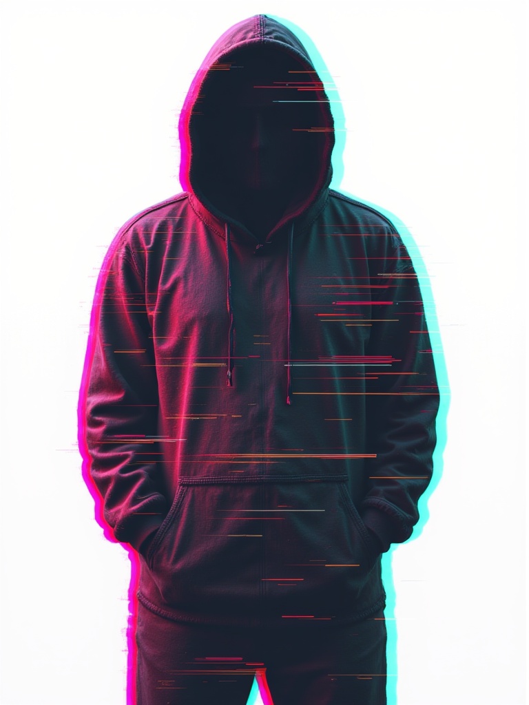 a heavily glitched graphic illustration of a man standing in a hoodie,  ominous darkness instead of a face,  light backgro...