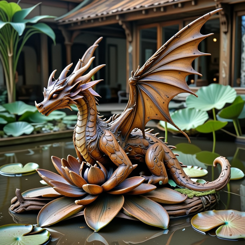 made of wood,  a faerie dragon,  extended wings on Tensor.Art
