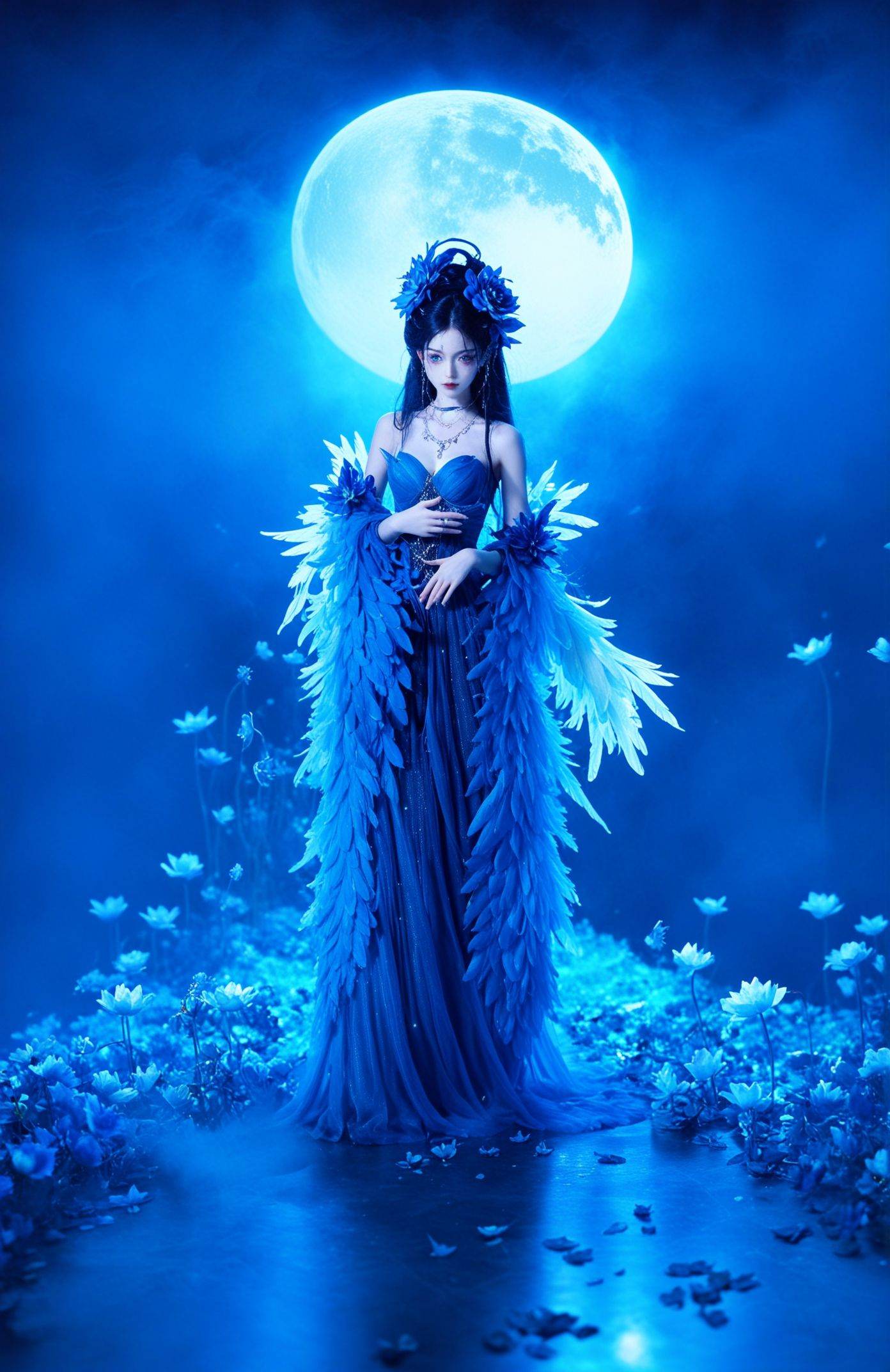 score_9,score_8_up,score_7_up,score_6,this image depicts a surreal and enchanting scene with ethereal lotus flowers in various shades of blue and purple,symbolizing purity and enlightenment. A figure draped in a flowing gown of feathers and fabric resembling plumage stands amidst the blossoms,suggesting a connection with nature. The setting is further embellished with mist and a full moon,evoking a mystical and tranquil atmosphere. The use of light and shadow adds depth,highlighting the intricate details and textures within the composition.,simple,(blurry background:1.1),blurry,(blurry foreground:1.1),,<lora:xiexinghanfu:0.8>