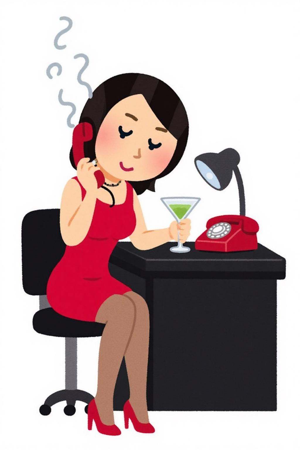 irasutoya1 illustration. A woman is sitting on a black desk. She is dressed in a red dress,  stockings,  and high-heeled s...
