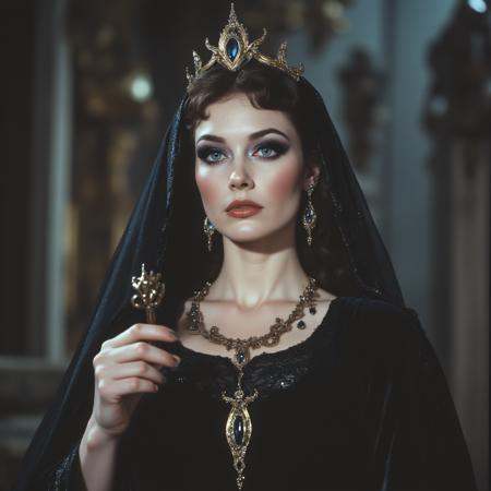 ArsMovieStill,  80s Fantasy Movie Still,  The image shows a woman wearing a black dress and a crown holding an object in h...