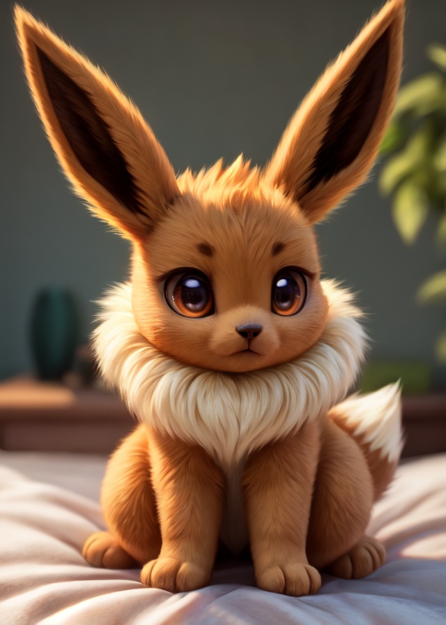feral eevee sitting on bed,  BREAK, on Tensor.Art