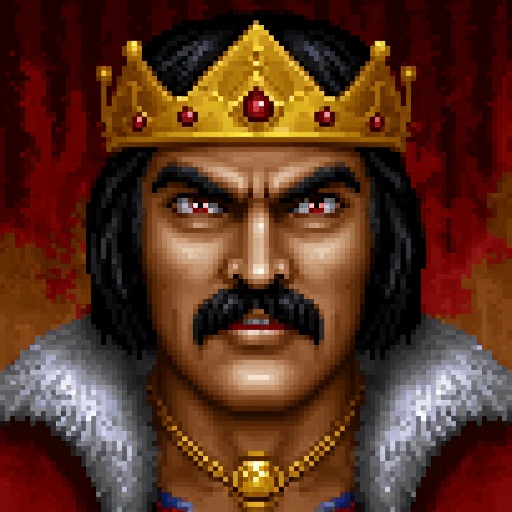 Original HoMM2 style portrait of Archibald Ironfist,  a formidable male warlock necromancer and evil king with a sinister...