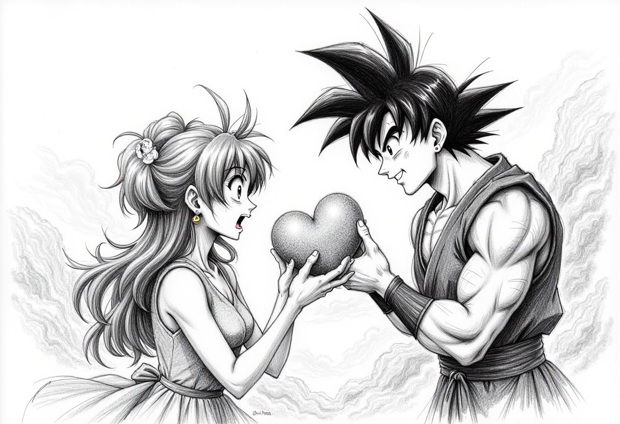 artistic pencil drawing of A scene from a Dragon Ball Z DVD,  drawn by Akira Toriyama,  showing a Sangoku offering a heart...