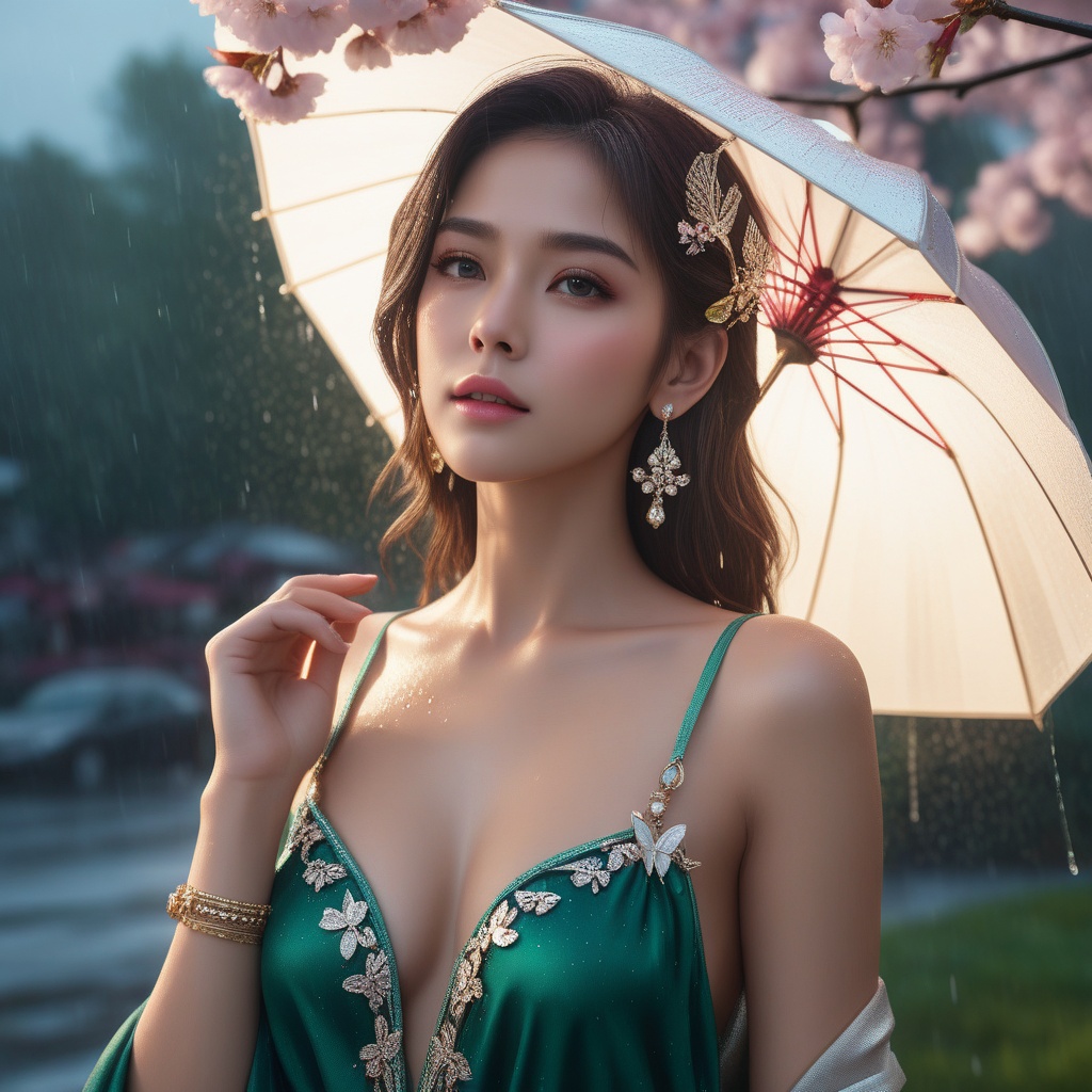 <lora:836-DA-XL-朴正允-绿-B:0.8>, (,1girl, ,best quality, ),,  ,,ultra detailed 8k cg, ultra detailed background ,ultra realistic 8k cg,          cinematic lighting, cinematic bloom, (( , )),,  , unreal, science fiction,  luxury, jewelry, diamond, pearl, gem, sapphire, ruby, emerald, intricate detail, delicate pattern, charming, alluring, seductive, erotic, enchanting, hair ornament, necklace, earrings, bracelet, armlet,halo,masterpiece, (( , )),, realistic,science fiction,mole,   ,cherry blossoms,,(((Best quality, masterpiece, ultra high res, (photorealistic:1.4), raw photo, 1girl, ,rain, , sunlight, sunset,     )))  (cleavage),stylish_pose,  (), butterfly,